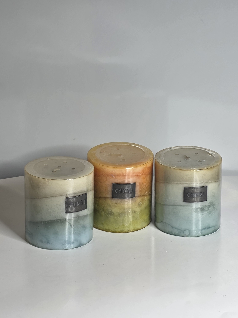 DW Home Capri Ombre Pillar Candle Set in Blue, Orange & Green